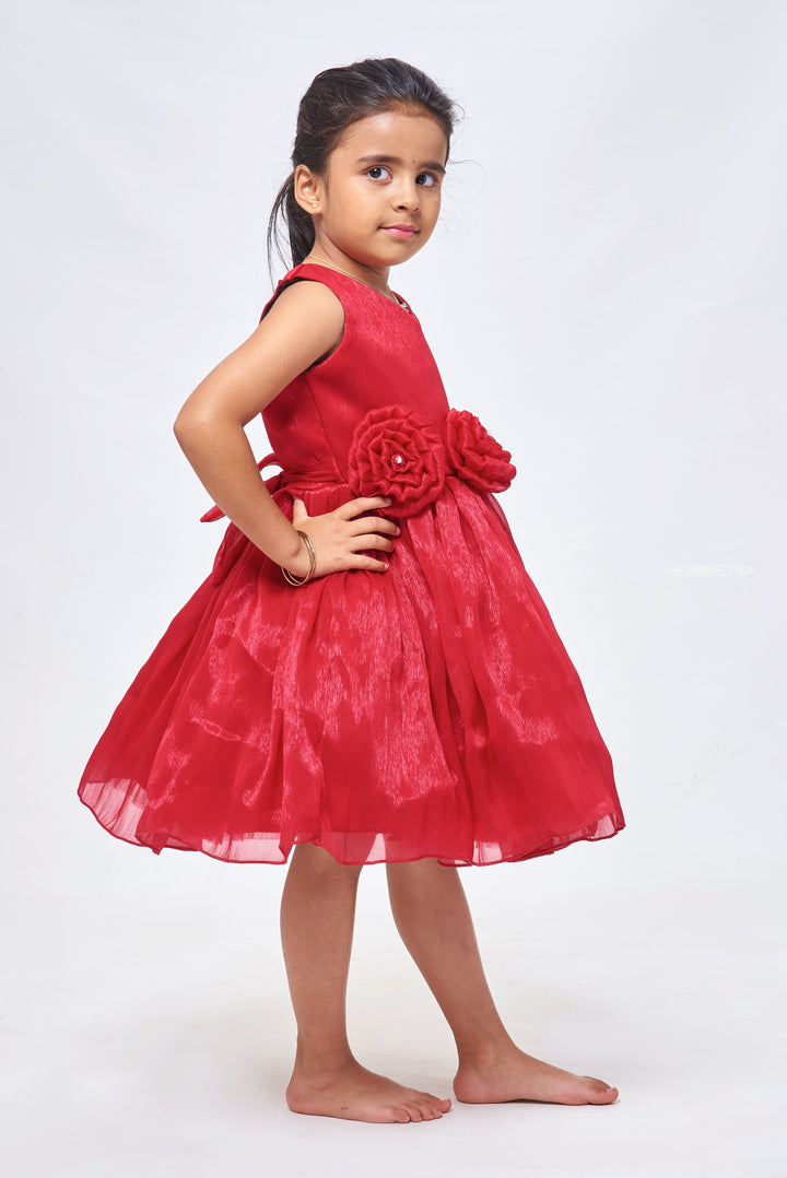 The Nesavu Girls Fancy Party Frock Deep Rose Romance: Cute Fabric Flower Applique on Pleated Organza Party Frock Nesavu Adorable & Stylish: Baby Girl Party Dress Collections | The Nesavu