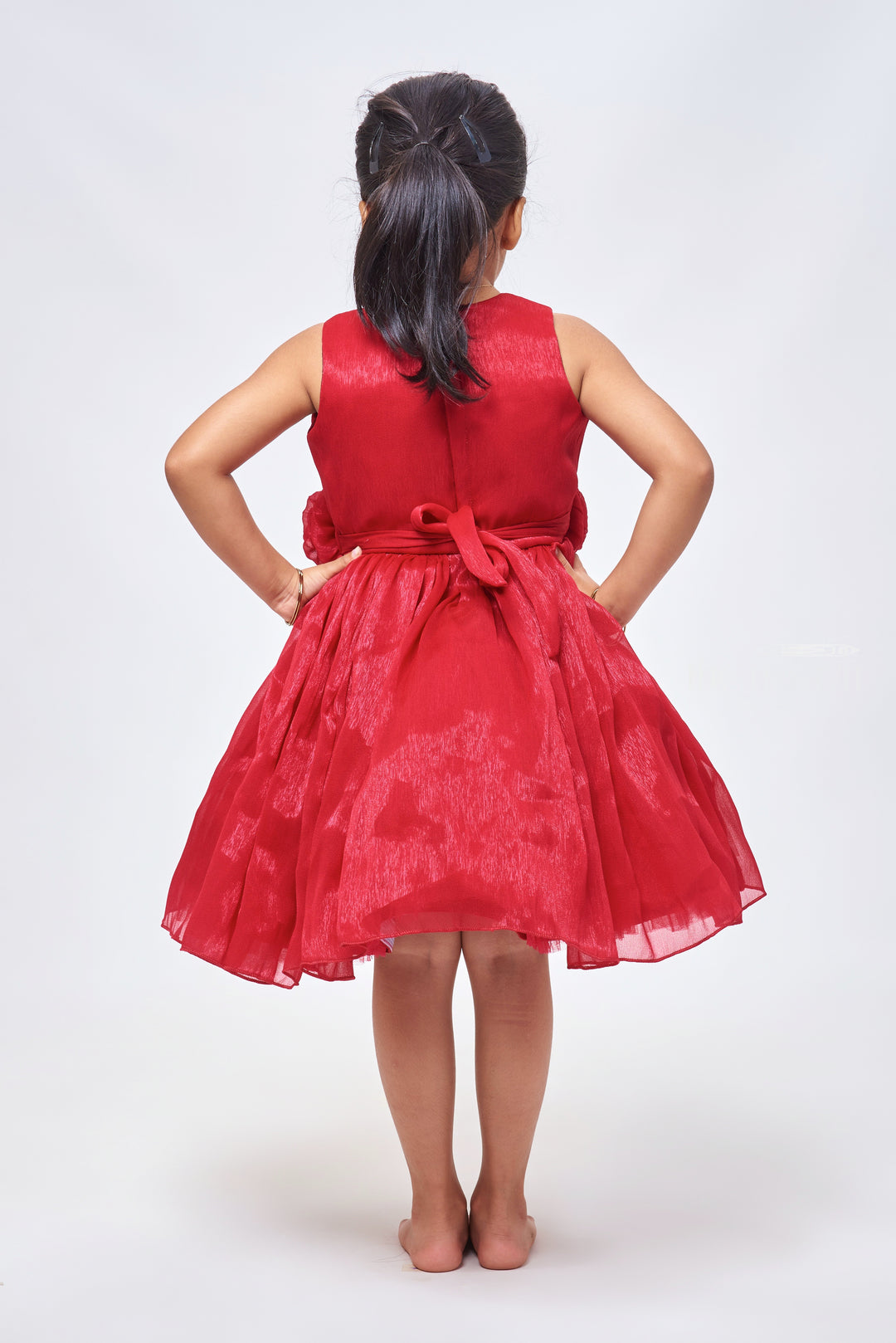 Deep Rose Romance: Cute Fabric Flower Applique on Pleated Organza Party Frock