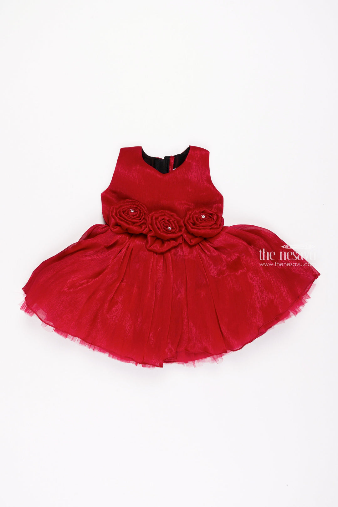 The Nesavu Girls Fancy Party Frock Deep Rose Romance: Cute Fabric Flower Applique on Pleated Organza Party Frock Nesavu Adorable & Stylish: Baby Girl Party Dress Collections | The Nesavu