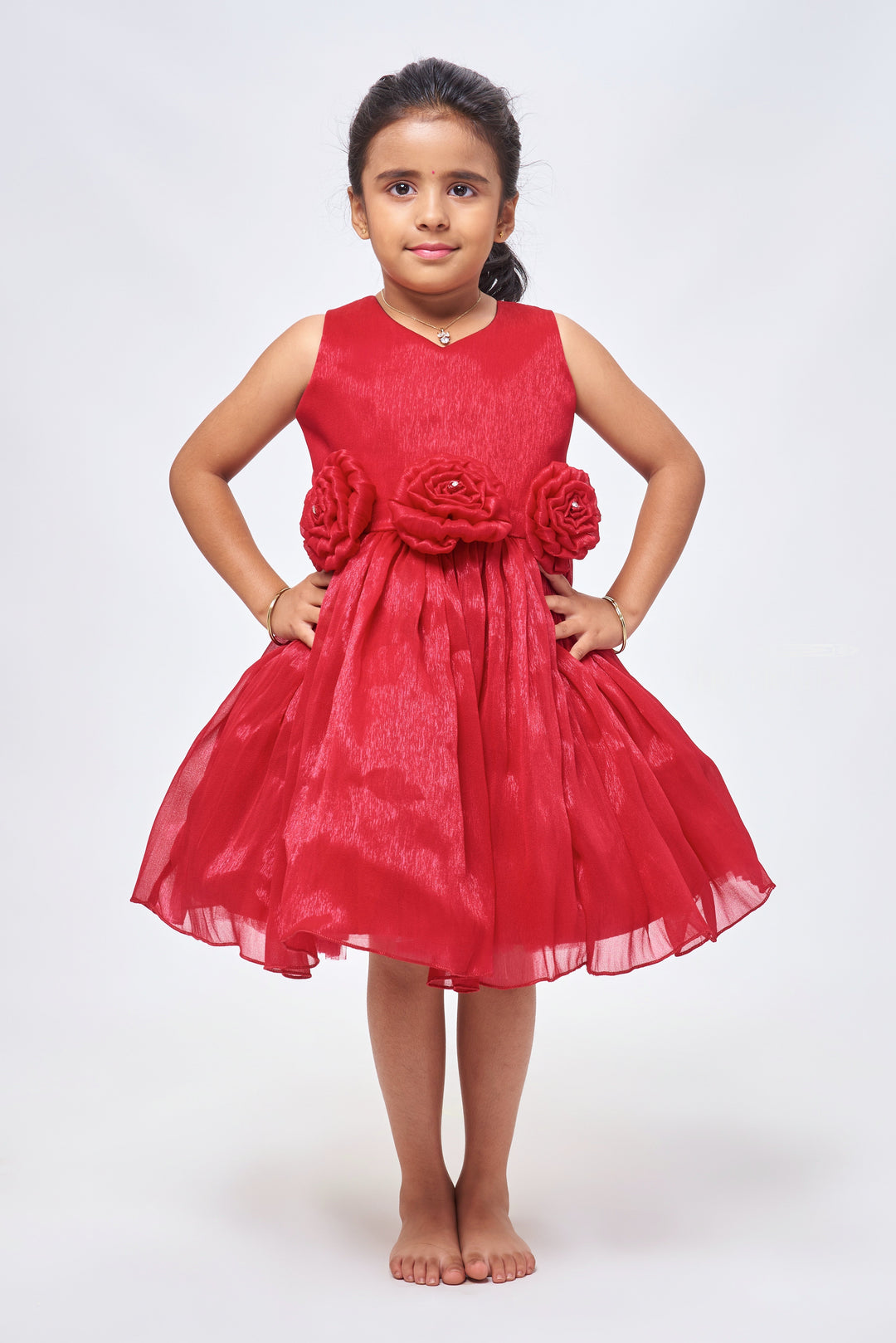 The Nesavu Girls Fancy Party Frock Deep Rose Romance: Cute Fabric Flower Applique on Pleated Organza Party Frock Nesavu Adorable & Stylish: Baby Girl Party Dress Collections | The Nesavu