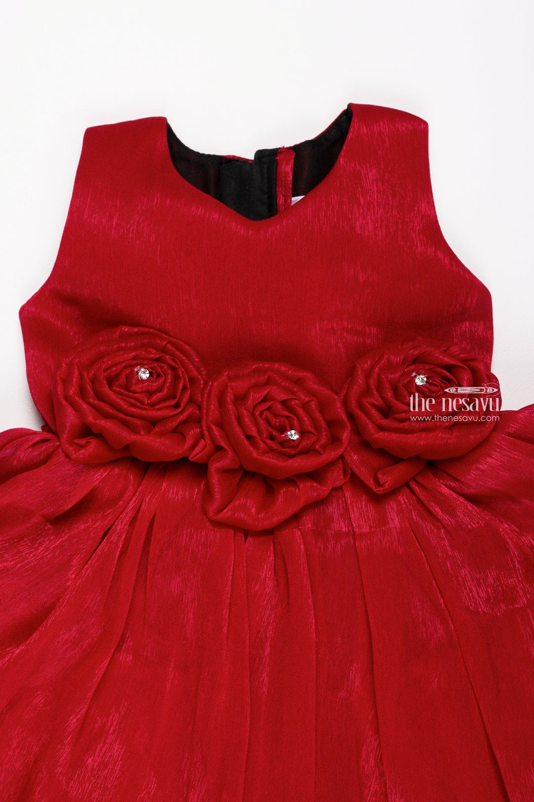 The Nesavu Girls Fancy Party Frock Deep Rose Romance: Cute Fabric Flower Applique on Pleated Organza Party Frock Nesavu Adorable & Stylish: Baby Girl Party Dress Collections | The Nesavu