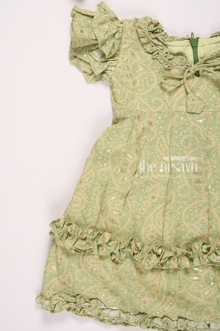 The Nesavu Girls Cotton Frock Delightful Green Ruffle Dress with Paisley Pattern for Girls Nesavu Delightful Green Ruffle Dress with Paisley Pattern for Girls - Elegant & Comfortable