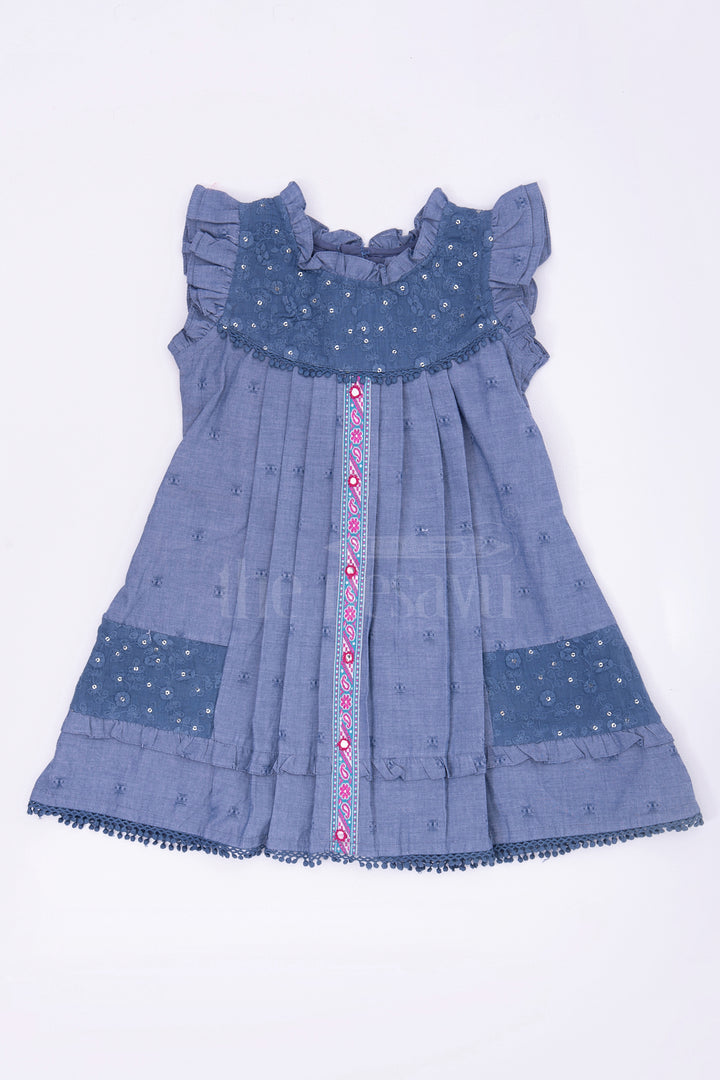 The Nesavu Baby Cotton Frocks Denim Blue Designer Baby Frock with Flutter Sleeves and Lace Trim Nesavu 14 (6M) / Blue BFJ584A-14 Denim Blue Baby Frock with Flutter Sleeves and Lace Trim