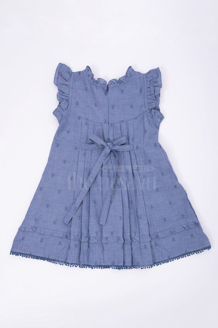 The Nesavu Baby Cotton Frocks Denim Blue Designer Baby Frock with Flutter Sleeves and Lace Trim Nesavu Denim Blue Baby Frock with Flutter Sleeves and Lace Trim