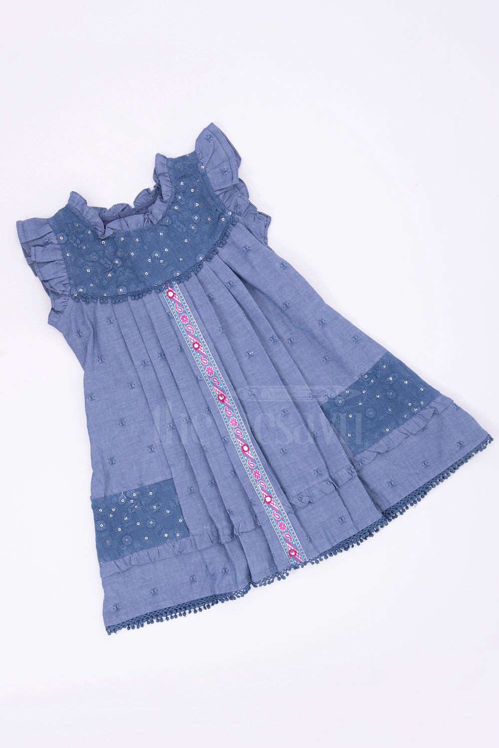 The Nesavu Baby Cotton Frocks Denim Blue Designer Baby Frock with Flutter Sleeves and Lace Trim Nesavu Denim Blue Baby Frock with Flutter Sleeves and Lace Trim