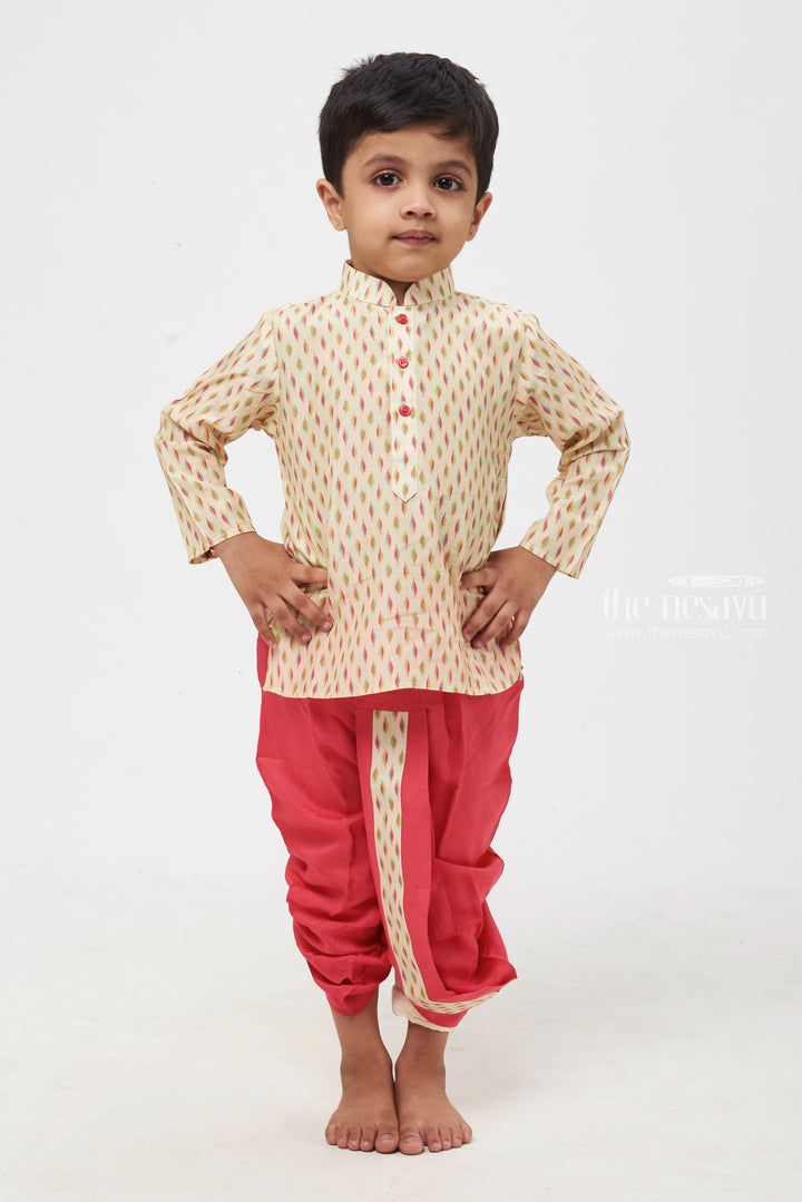 The Nesavu Boys Dothi Set Desert Mirage: Beige Ikat Printed Kurta & Harmonious Dhoti Ensemble for Boys Nesavu 12 (3M) / Beige / Muslin Silk BES381A-12 Ethnic Kids Clothing Online | Boys Indian Traditional Kurta and Dhoti Set | The Nesavu