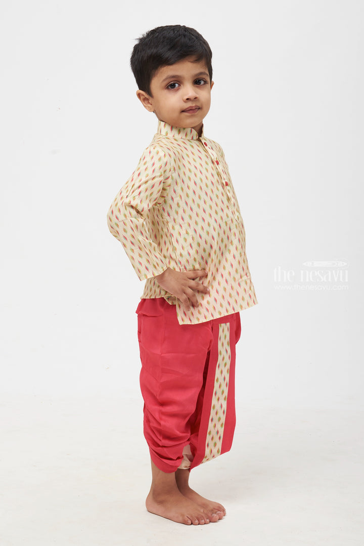 The Nesavu Boys Dothi Set Desert Mirage: Beige Ikat Printed Kurta & Harmonious Dhoti Ensemble for Boys Nesavu 12 (3M) / Beige / Muslin Silk BES381A-12 Ethnic Kids Clothing Online | Boys Indian Traditional Kurta and Dhoti Set | The Nesavu