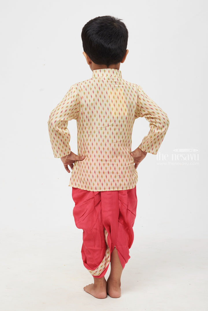 The Nesavu Boys Dothi Set Desert Mirage: Beige Ikat Printed Kurta & Harmonious Dhoti Ensemble for Boys Nesavu Ethnic Kids Clothing Online | Boys Indian Traditional Kurta and Dhoti Set | The Nesavu