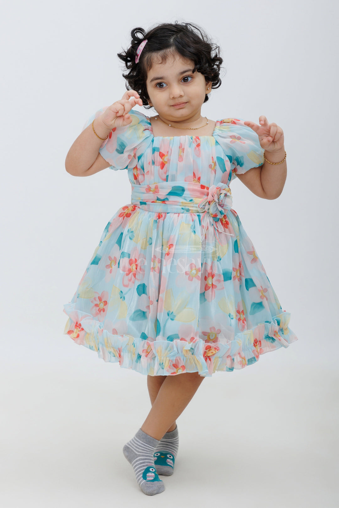 The Nesavu Girls Fancy Party Frock Designer Baby Frock with Floral Print Nesavu 14 (6M) / Blue PF175C-14 Designer Baby Frock with Floral Print - Special Occasion Wear