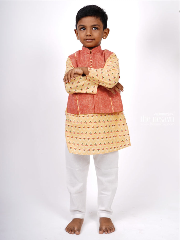 The Nesavu Boys Jacket Sets Designer Block Printed Kurta and Jacket with Pant Suit for Baby Boys Nesavu Buy Latest Cotton Collection | Boys Kurta Design Ideas | The Nesavu