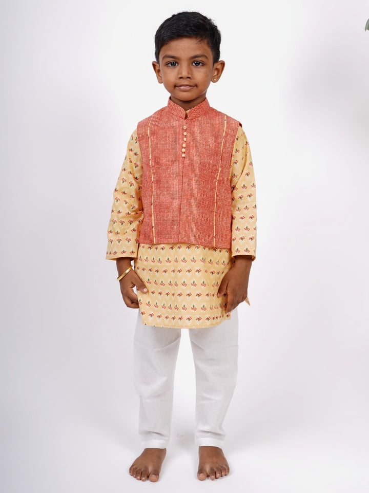 Designer Block Printed Kurta and Jacket with Pant Suit for Baby Boys