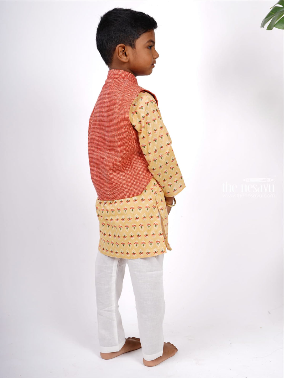 The Nesavu Boys Jacket Sets Designer Block Printed Kurta and Jacket with Pant Suit for Baby Boys Nesavu Buy Latest Cotton Collection | Boys Kurta Design Ideas | The Nesavu