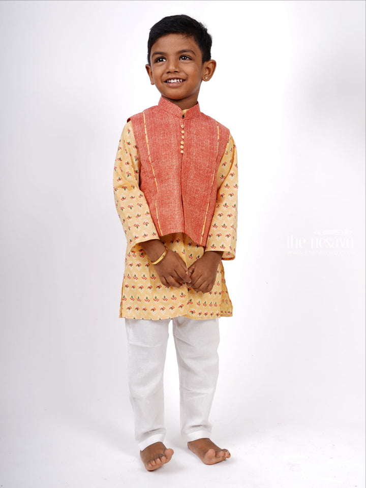 The Nesavu Boys Jacket Sets Designer Block Printed Kurta and Jacket with Pant Suit for Baby Boys Nesavu Buy Latest Cotton Collection | Boys Kurta Design Ideas | The Nesavu