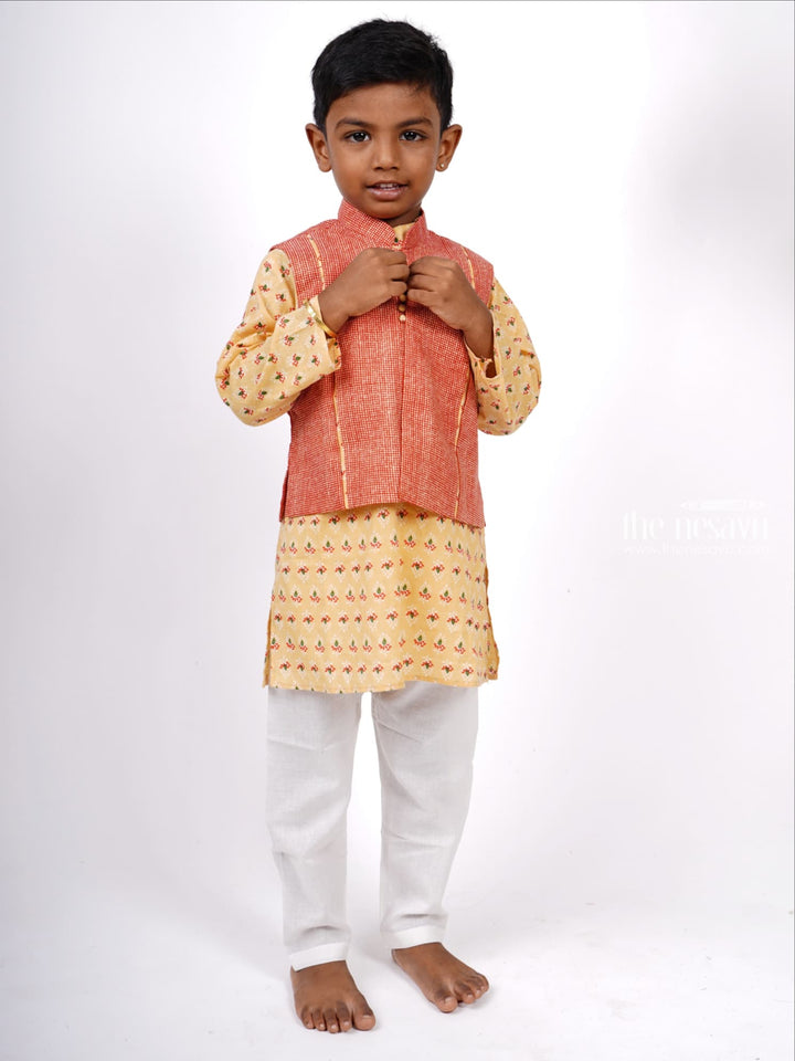 The Nesavu Boys Jacket Sets Designer Block Printed Kurta and Jacket with Pant Suit for Baby Boys Nesavu Buy Latest Cotton Collection | Boys Kurta Design Ideas | The Nesavu