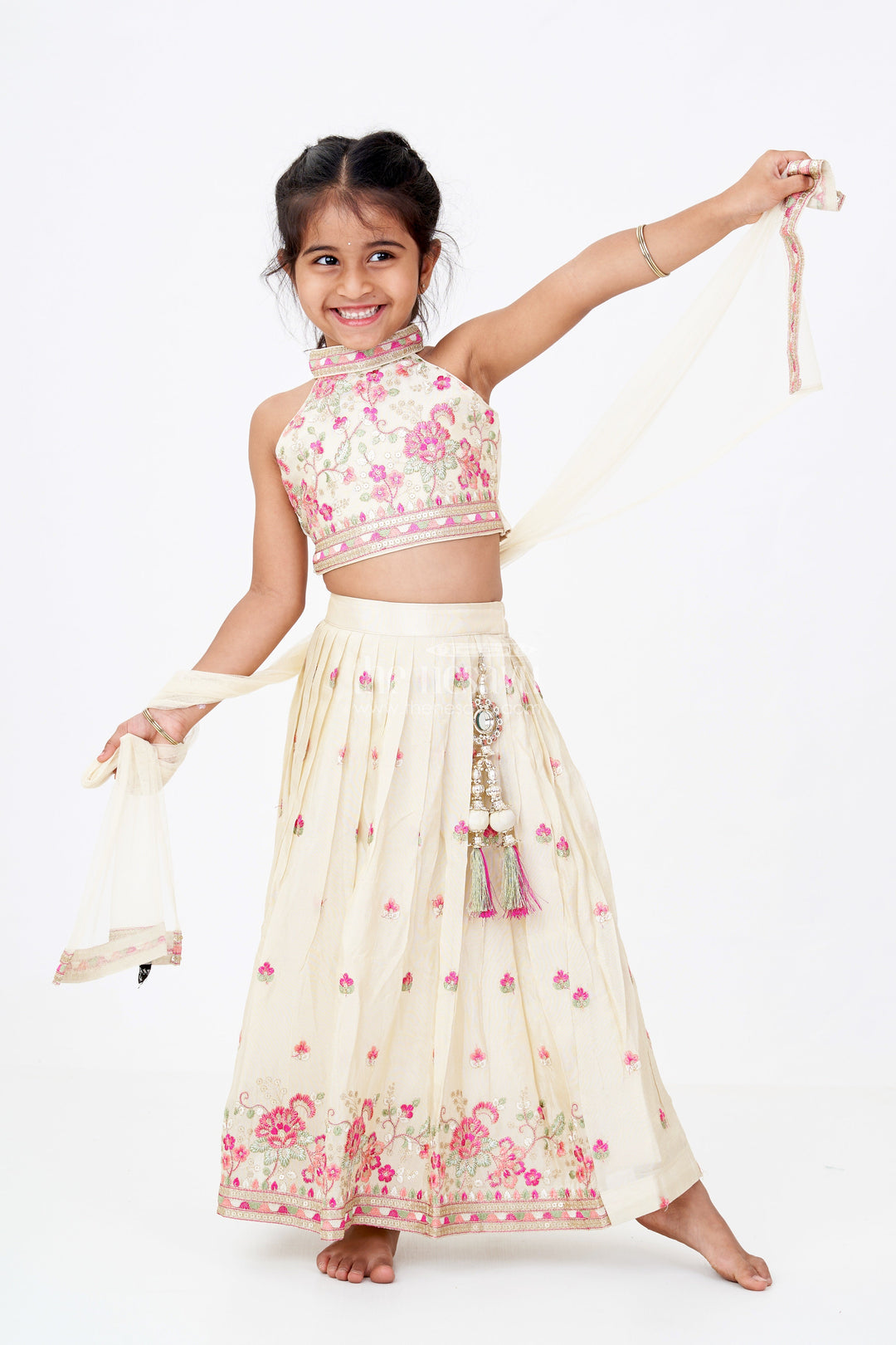 The Nesavu Girls Lehenga Choli Designer Choli Lehenga Dress for Girls in Tissue Fabric with Elegant Embroidery Nesavu 16 (1Y) / Cream GL584A-16 Nesavu Designer Choli Lehenga Dress Girls Tissue Fabric Elegant Embroidery