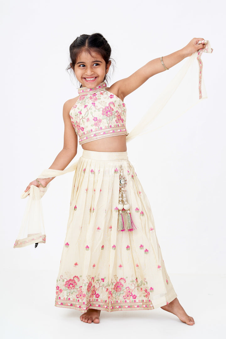 The Nesavu Girls Lehenga Choli Designer Choli Lehenga Dress for Girls in Tissue Fabric with Elegant Embroidery Nesavu 16 (1Y) / Cream GL584A-16 Nesavu Designer Choli Lehenga Dress Girls Tissue Fabric Elegant Embroidery