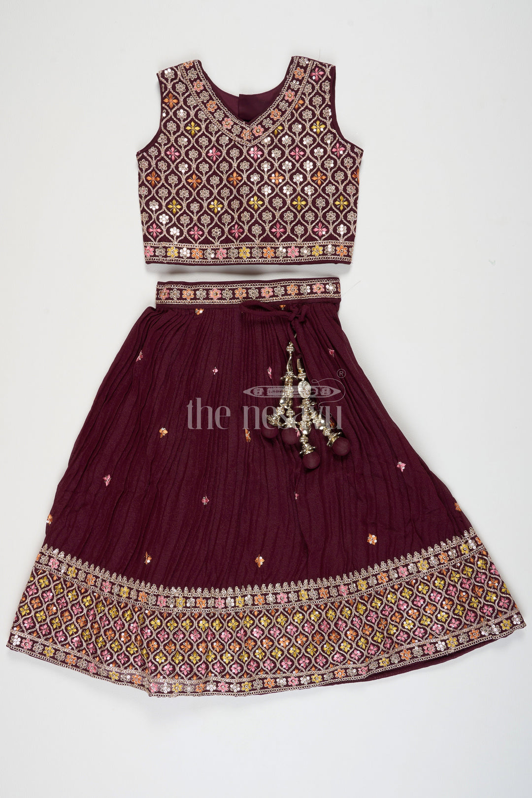 The Nesavu Girls Lehenga Choli Designer Embroidered Chinon Black Party Wear Lehenga for Girls in Purple with Intricate Detailing Nesavu Nesavu Black Party Wear Lehenga Purple Girls Designer Embroidered Chinon Lehenga Festive Wedding Wear