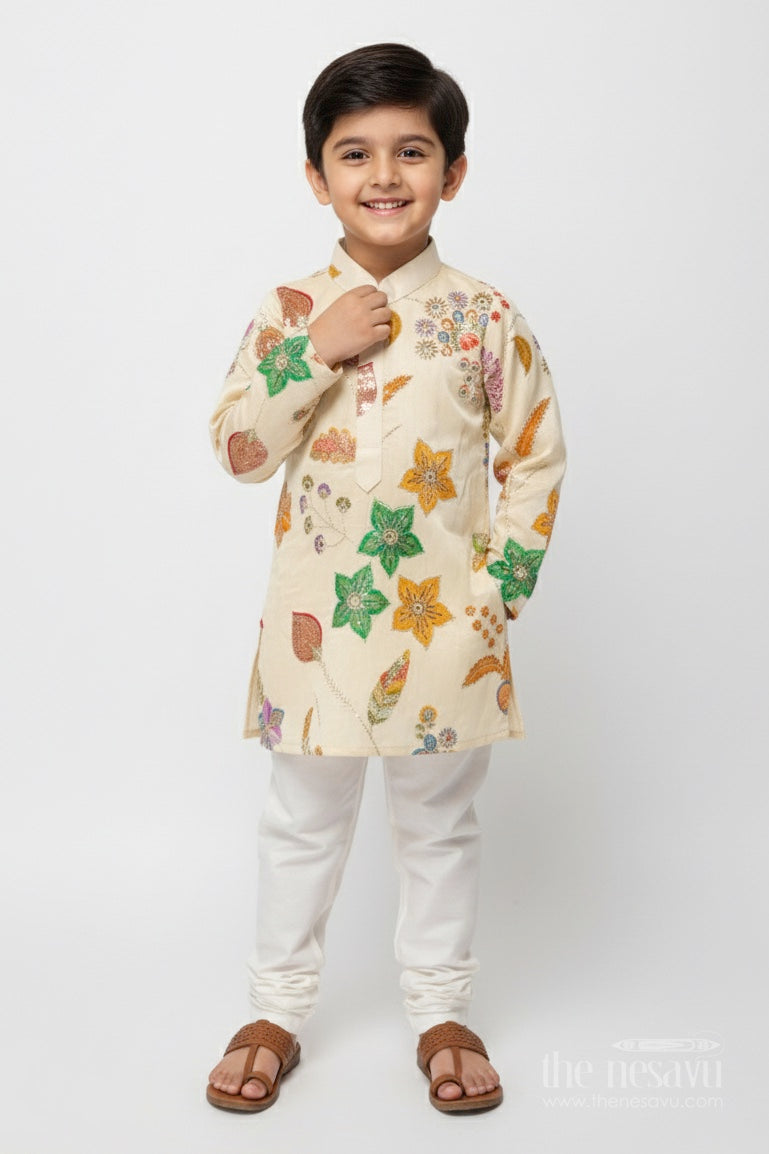 The Nesavu Boys Kurtha Set Designer Embroidered Kurta Set for Boys for Ethnic School Days and Weddings Nesavu 16 (1Y) / Cream BES855A-16 Nesavu designer embroidered kurta set boys viscose silk ideal festive wear ethnic day events