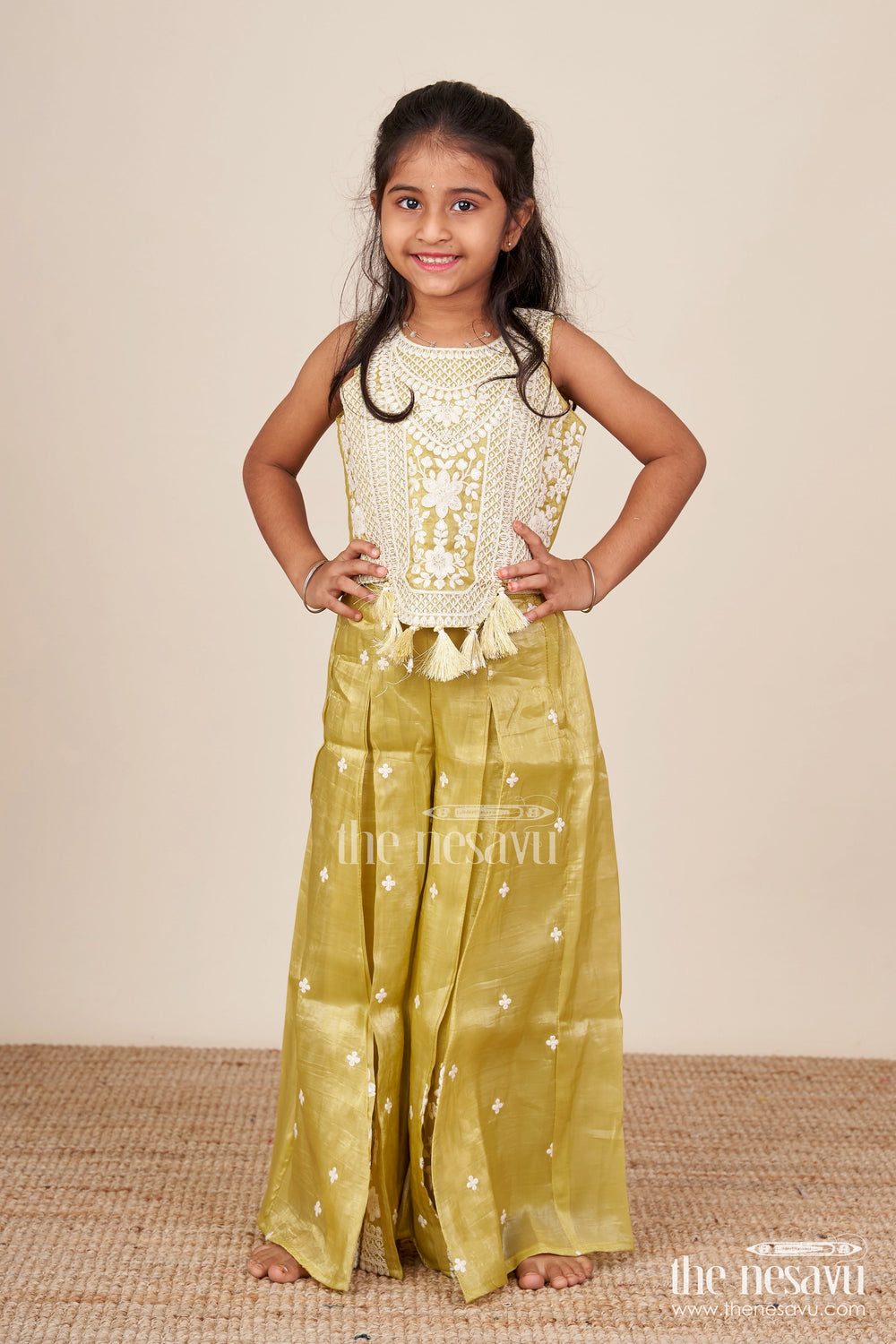 The Nesavu Girls Sharara / Plazo Set Designer Floral Sharara Set with Heavy Organza Embroidery Traditional Ensemble for Toddlers Nesavu Floral embroidered organza sharara set girls  toddler ethnic wear Nesavu