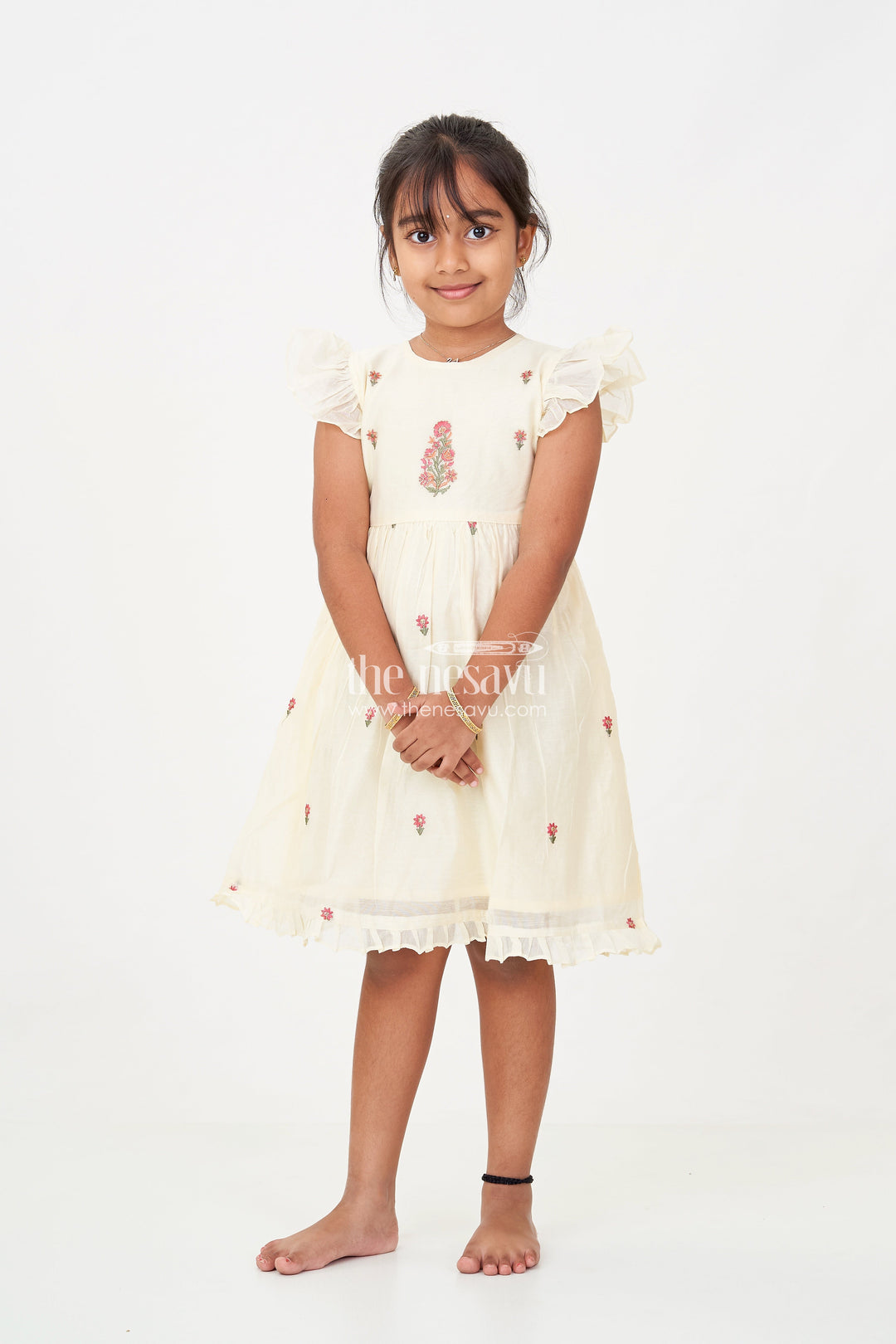 The Nesavu Girls Chanderi Frock Designer Frocks for Girls in Light Yellow Chanderi with Delicate Red Floral Embroidery and Ruffled Sleeves Nesavu 16 (1Y) / Cream GFC1725A-16 Designer Frocks Girls Yellow Chanderi Red Floral Embroidery Ruffle Sleeves | The Nesavu