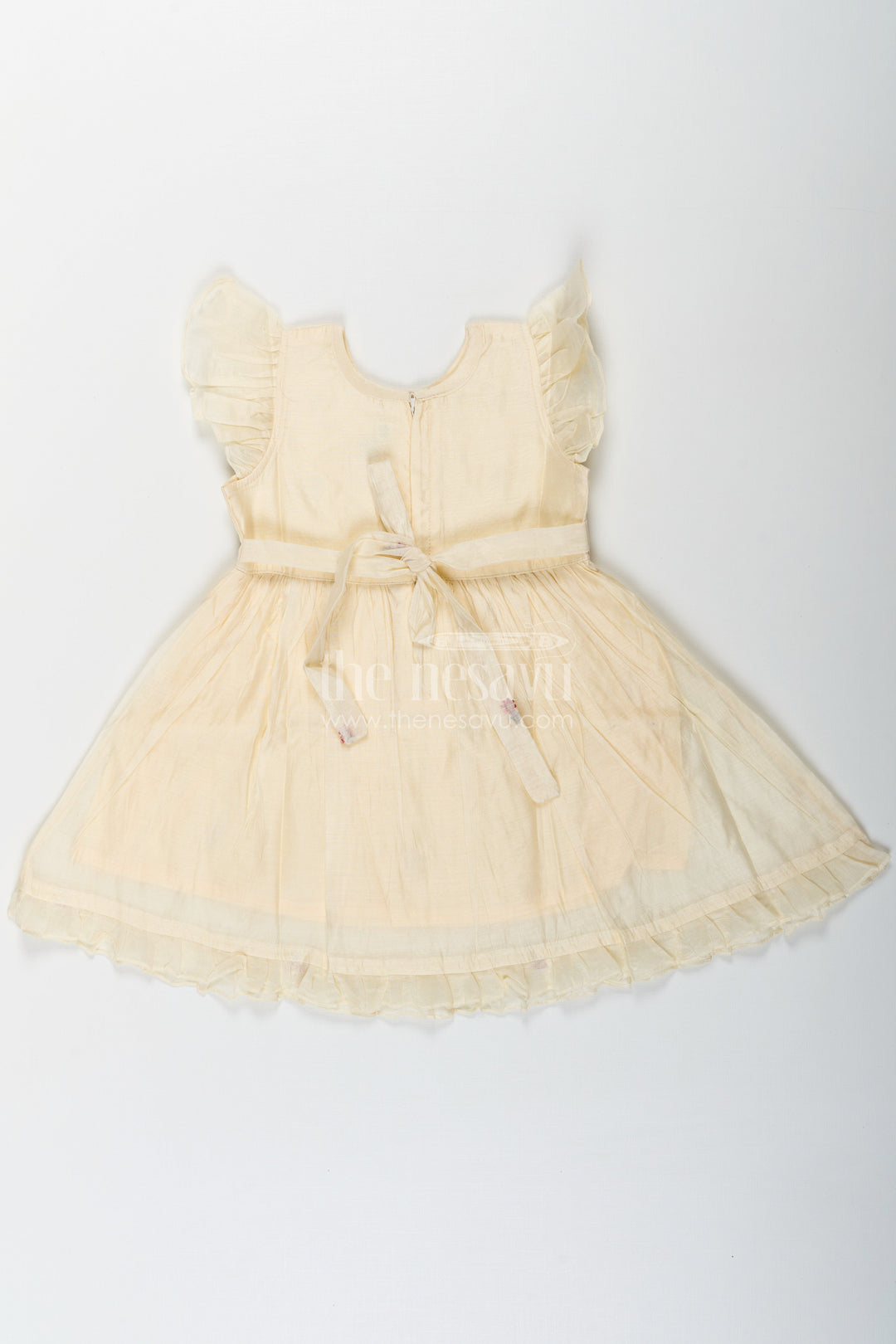 The Nesavu Girls Chanderi Frock Designer Frocks for Girls in Light Yellow Chanderi with Delicate Red Floral Embroidery and Ruffled Sleeves Nesavu Designer Frocks Girls Yellow Chanderi Red Floral Embroidery Ruffle Sleeves | The Nesavu