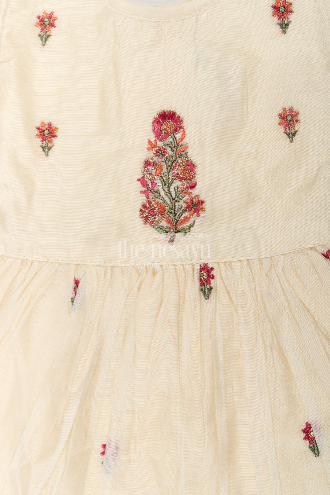 The Nesavu Girls Chanderi Frock Designer Frocks for Girls in Light Yellow Chanderi with Delicate Red Floral Embroidery and Ruffled Sleeves Nesavu Designer Frocks Girls Yellow Chanderi Red Floral Embroidery Ruffle Sleeves | The Nesavu