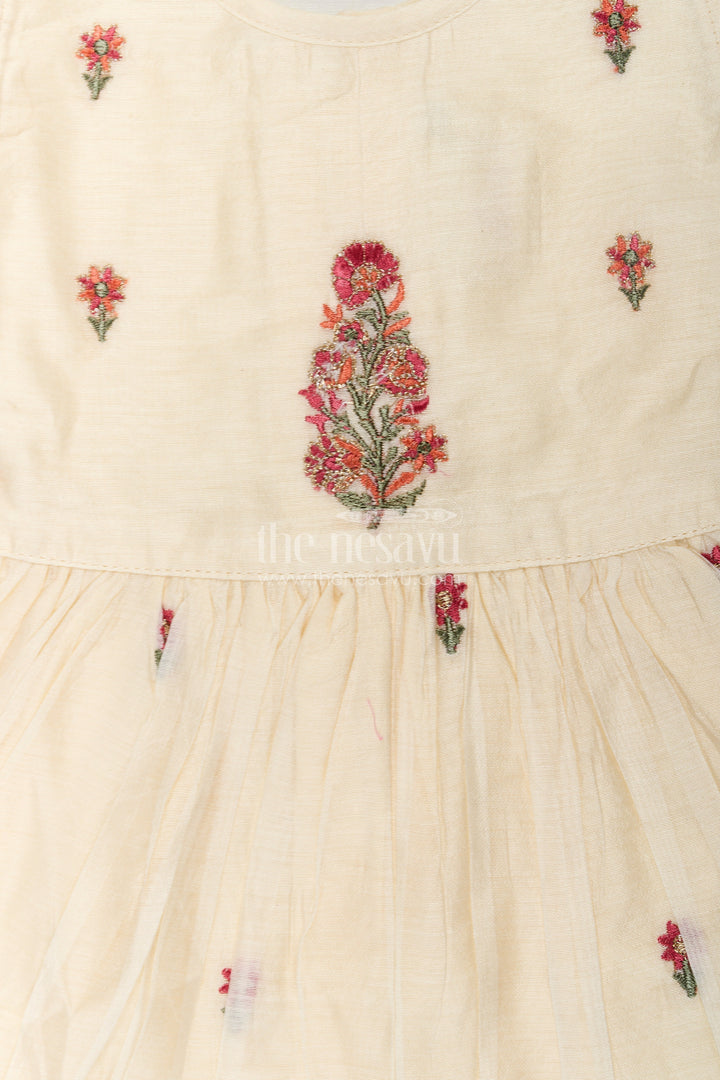 The Nesavu Girls Chanderi Frock Designer Frocks for Girls in Light Yellow Chanderi with Delicate Red Floral Embroidery and Ruffled Sleeves Nesavu Designer Frocks Girls Yellow Chanderi Red Floral Embroidery Ruffle Sleeves | The Nesavu