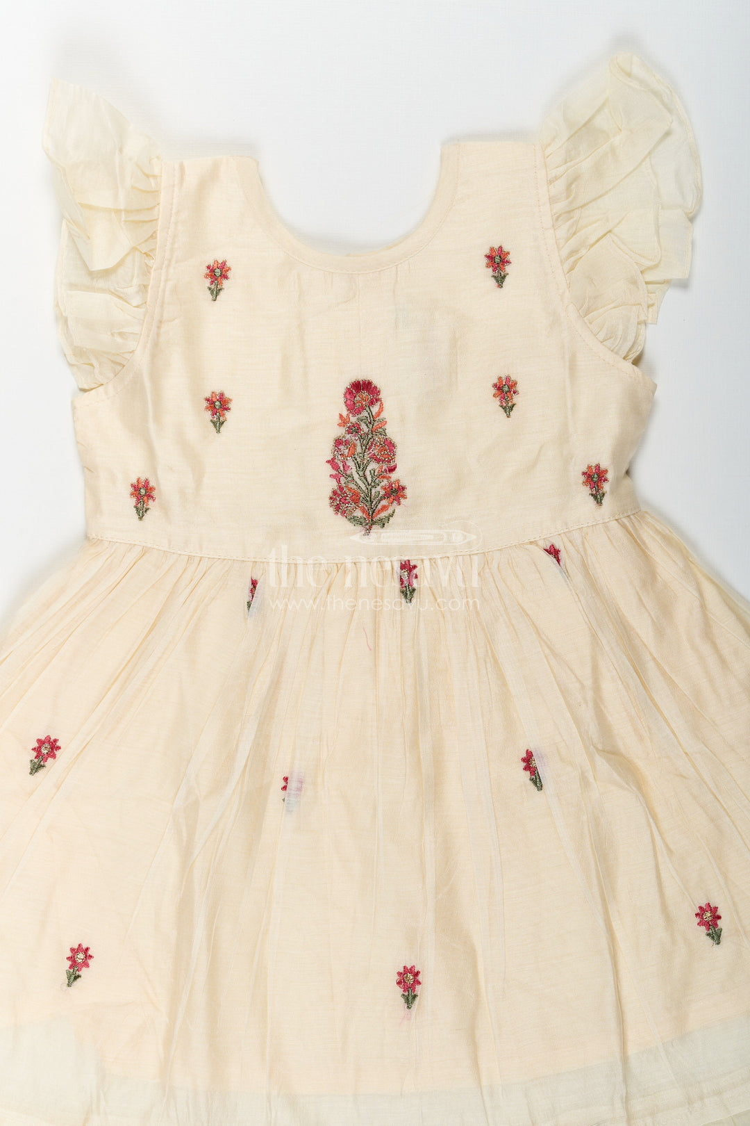 The Nesavu Girls Chanderi Frock Designer Frocks for Girls in Light Yellow Chanderi with Delicate Red Floral Embroidery and Ruffled Sleeves Nesavu Designer Frocks Girls Yellow Chanderi Red Floral Embroidery Ruffle Sleeves | The Nesavu