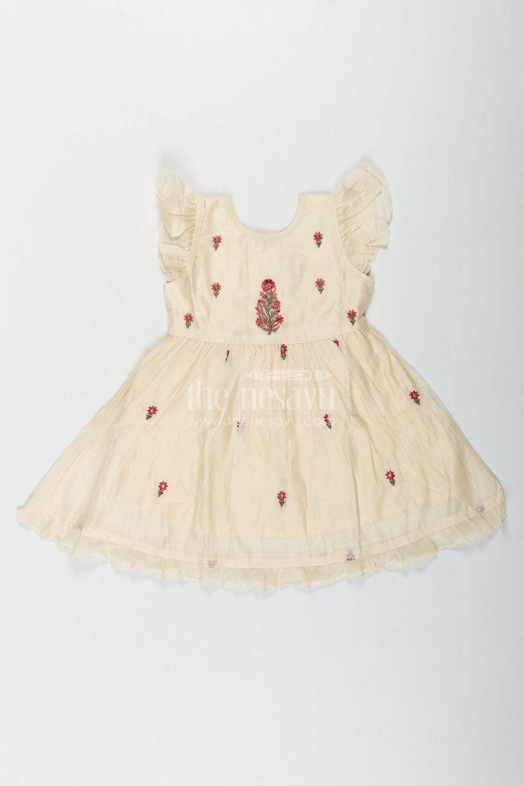 The Nesavu Girls Chanderi Frock Designer Frocks for Girls in Light Yellow Chanderi with Delicate Red Floral Embroidery and Ruffled Sleeves Nesavu Designer Frocks Girls Yellow Chanderi Red Floral Embroidery Ruffle Sleeves | The Nesavu