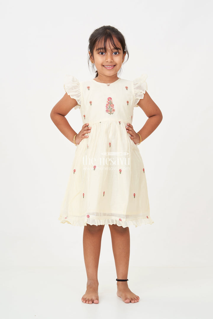 The Nesavu Girls Chanderi Frock Designer Frocks for Girls in Light Yellow Chanderi with Delicate Red Floral Embroidery and Ruffled Sleeves Nesavu Designer Frocks Girls Yellow Chanderi Red Floral Embroidery Ruffle Sleeves | The Nesavu