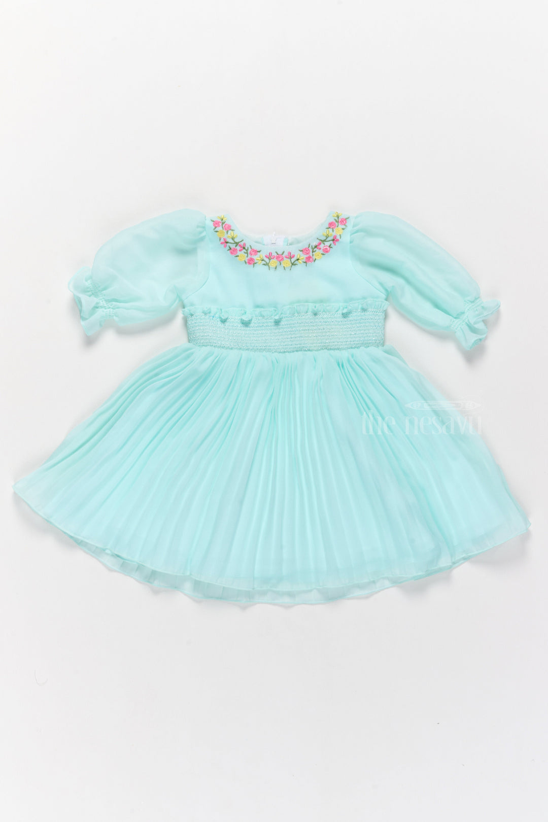 The Nesavu Girls Fancy Frock Designer Georgette Dress with Hand-Embroidered Floral Neckline for Girls Nesavu 16 (1Y) / Green GFC1508A-16 Designer Mint Green Dress Embroidered Neckline Smocked Bodice | The Nesavu