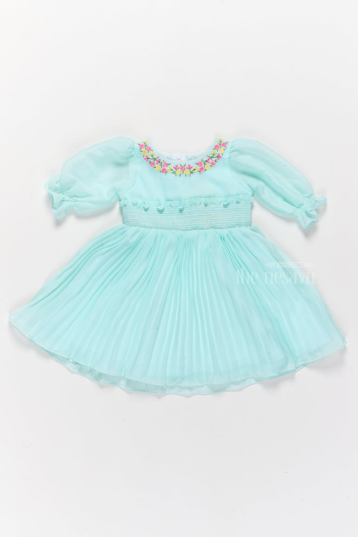 The Nesavu Girls Fancy Frock Designer Georgette Dress with Hand-Embroidered Floral Neckline for Girls Nesavu 16 (1Y) / Green GFC1508A-16 Designer Mint Green Dress Embroidered Neckline Smocked Bodice | The Nesavu