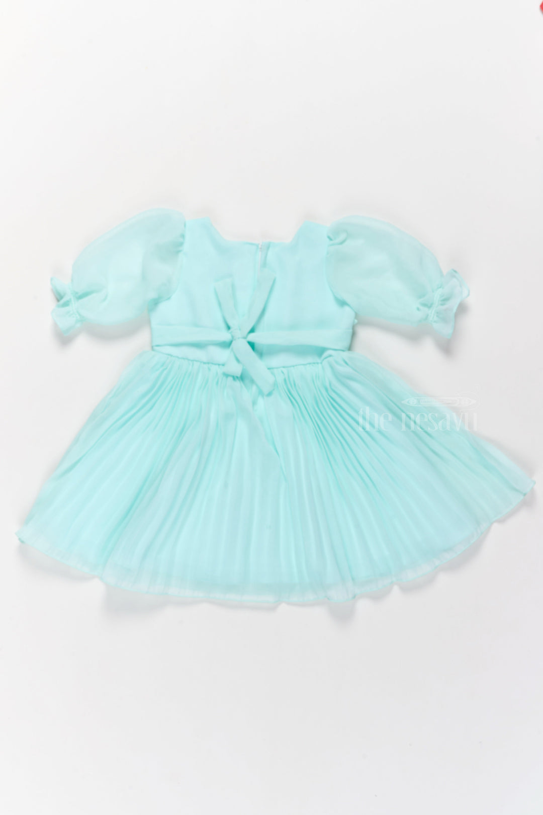 The Nesavu Girls Fancy Frock Designer Georgette Dress with Hand-Embroidered Floral Neckline for Girls Nesavu Designer Mint Green Dress Embroidered Neckline Smocked Bodice | The Nesavu