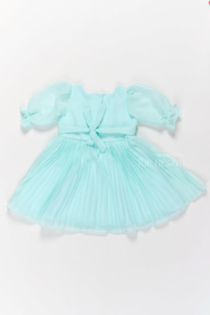 The Nesavu Girls Fancy Frock Designer Georgette Dress with Hand-Embroidered Floral Neckline for Girls Nesavu Designer Mint Green Dress Embroidered Neckline Smocked Bodice | The Nesavu
