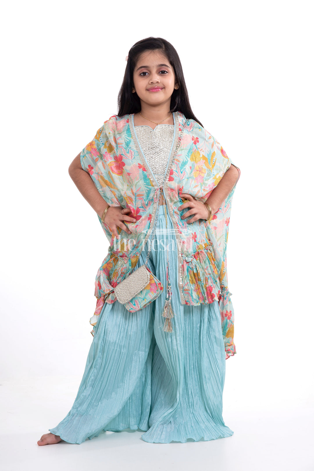 The Nesavu Girls Sharara / Plazo Set Designer Gharara Sharara Set with Embroidered Crop Top and Jacket Nesavu 22 (4Y) / Turquoise GPS327A-22 Gharara Sharara Set for Girls with Embroidered Crop Top & Jacket - Festive Collection