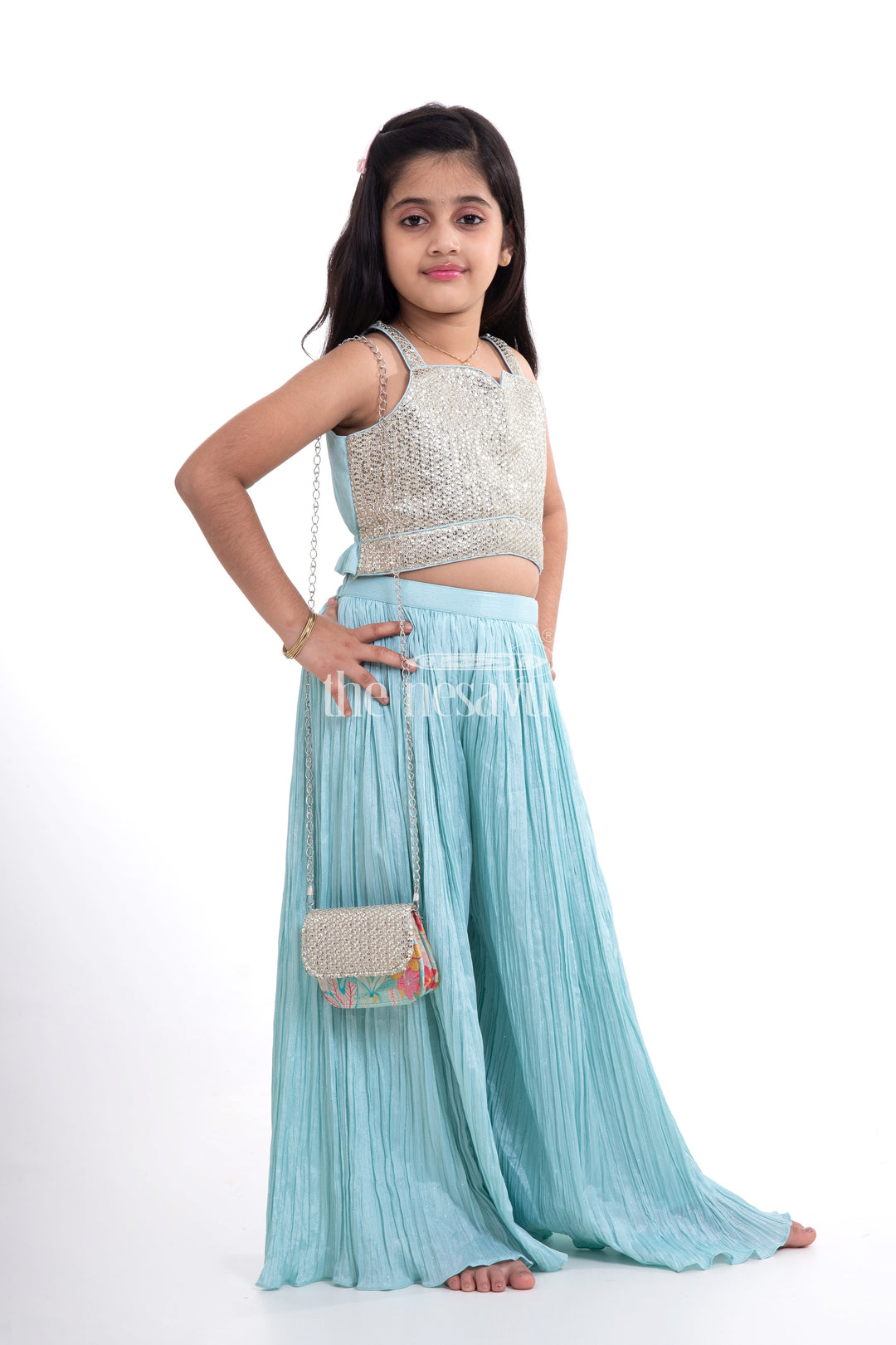 The Nesavu Girls Sharara / Plazo Set Designer Gharara Sharara Set with Embroidered Crop Top and Jacket Nesavu Gharara Sharara Set for Girls with Embroidered Crop Top & Jacket - Festive Collection