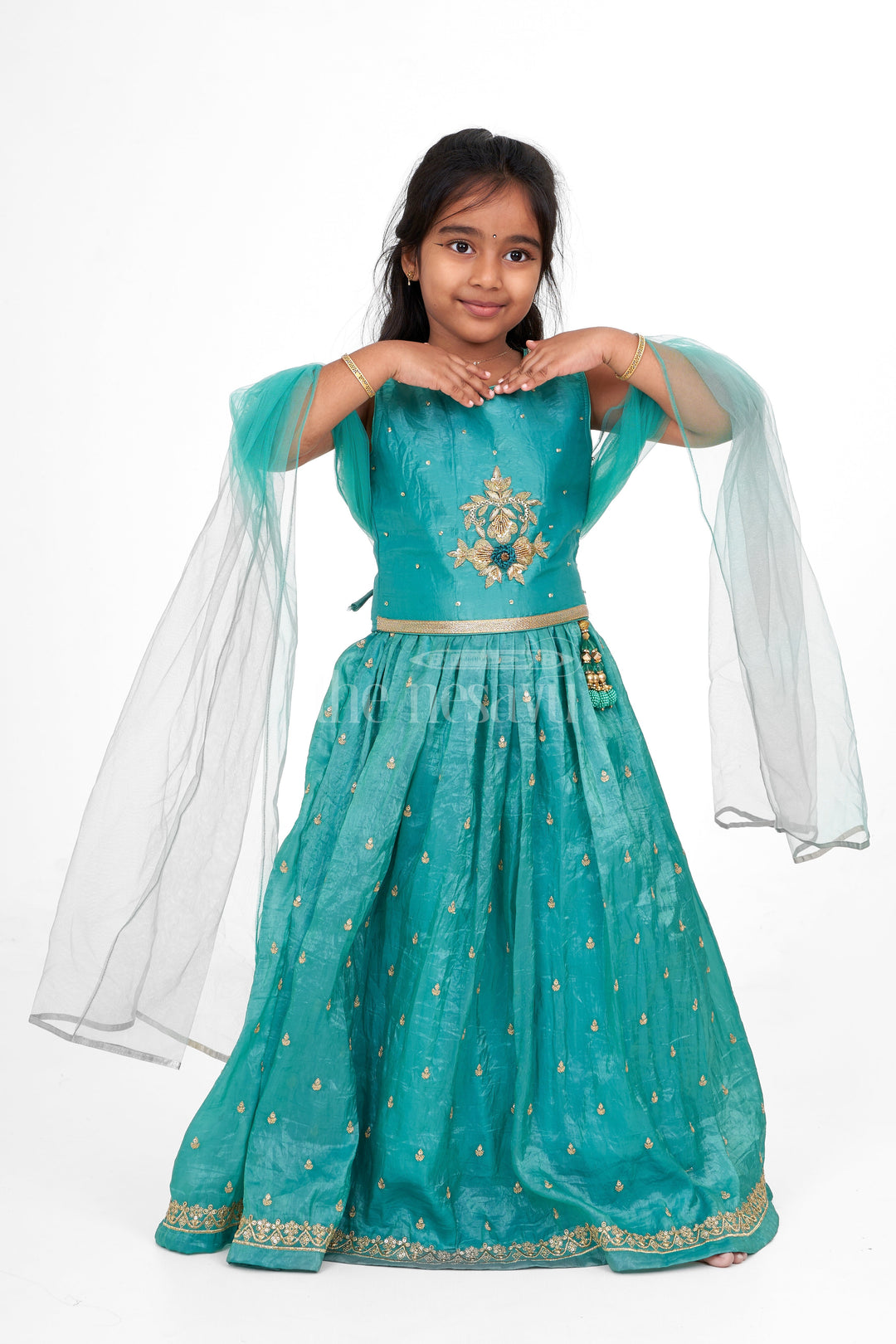 The Nesavu Girls Lehenga Choli Designer Girls Lehenga Choli in Pure Tissue Viscose Silk with Detailed Embroidery and Tassels Nesavu 16 (1Y) / Green GL538A-16 Nesavu Designer Girls Lehenga Choli Pure Tissue Viscose Silk Embroidery Tassels Weddings