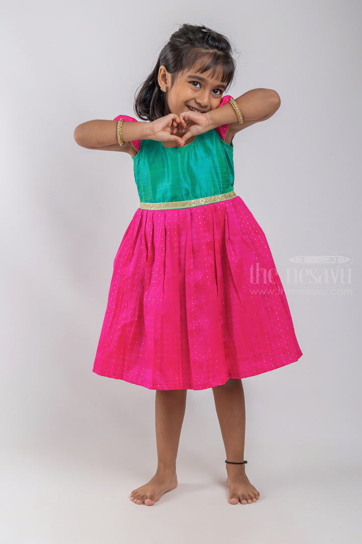 The Nesavu Silk Embroidered Frock Designer Knife Pleated Pink Silk Frock with Green Yoke for Girls psr silks Nesavu