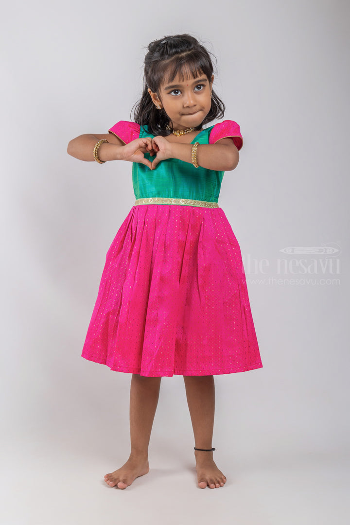 The Nesavu Silk Embroidered Frock Designer Knife Pleated Pink Silk Frock with Green Yoke for Girls psr silks Nesavu