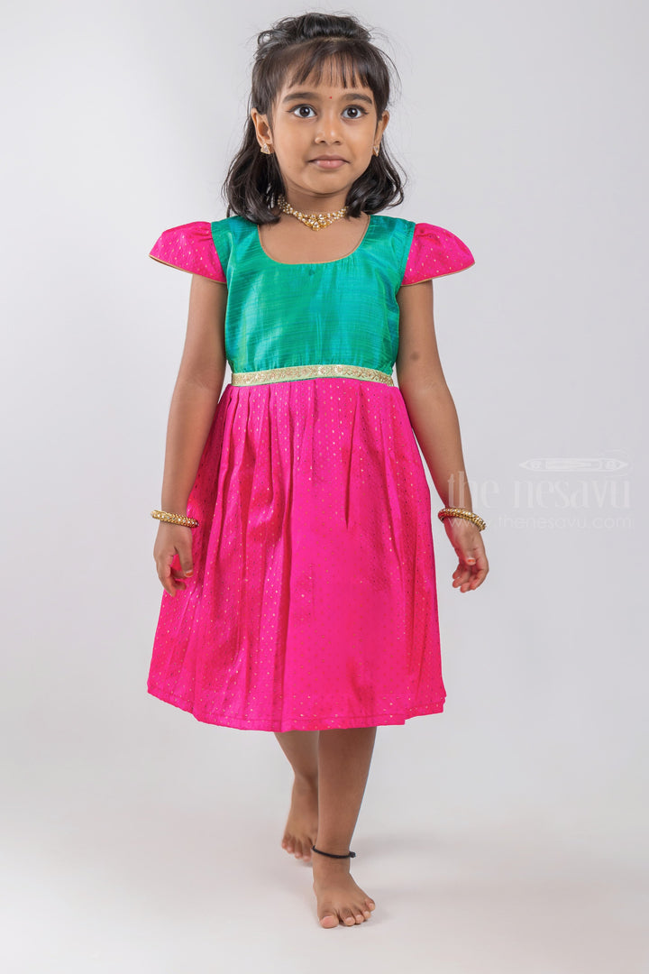 The Nesavu Silk Embroidered Frock Designer Knife Pleated Pink Silk Frock with Green Yoke for Girls psr silks Nesavu