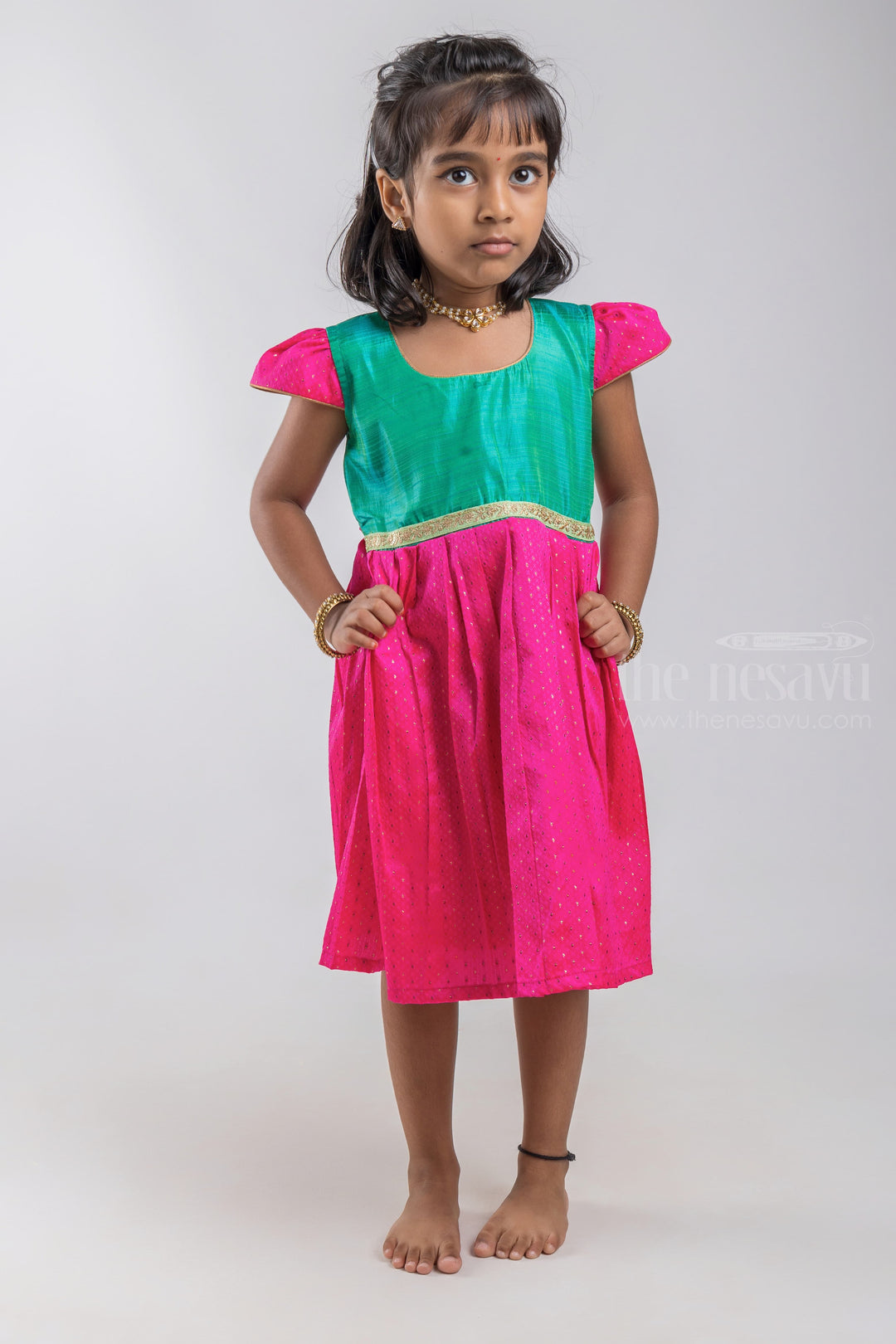 The Nesavu Silk Embroidered Frock Designer Knife Pleated Pink Silk Frock with Green Yoke for Girls psr silks Nesavu