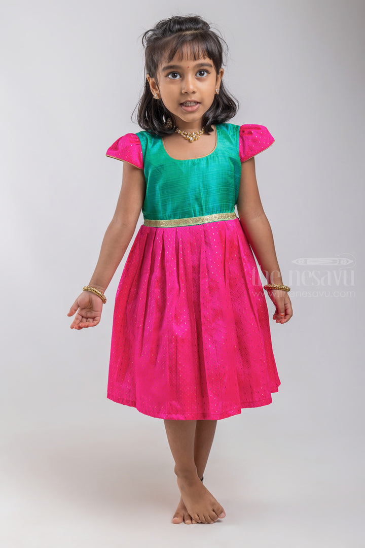 The Nesavu Silk Embroidered Frock Designer Knife Pleated Pink Silk Frock with Green Yoke for Girls psr silks Nesavu