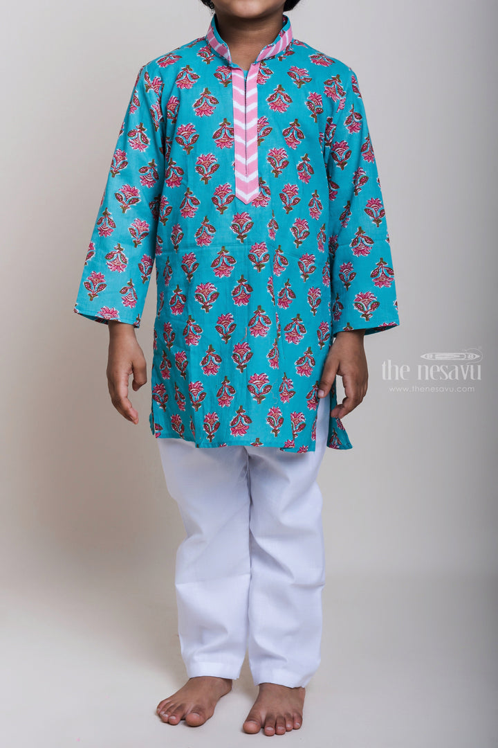 The Nesavu Boys Kurtha Set Designer Neck Floral Printed Blue Cotton Kurta And Pyjama For Little Boys Nesavu Daily Wear Kurta Pyjama For Boys| Fresh Collection| The Nesavu