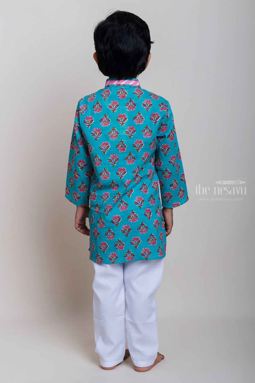 The Nesavu Boys Kurtha Set Designer Neck Floral Printed Blue Cotton Kurta And Pyjama For Little Boys Nesavu Daily Wear Kurta Pyjama For Boys| Fresh Collection| The Nesavu