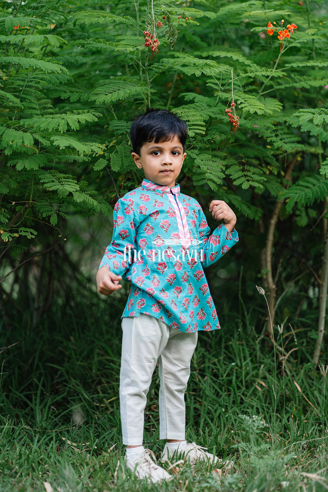 The Nesavu Boys Kurtha Set Designer Neck Floral Printed Blue Cotton Kurta And Pyjama For Little Boys Nesavu Daily Wear Kurta Pyjama For Boys| Fresh Collection| The Nesavu