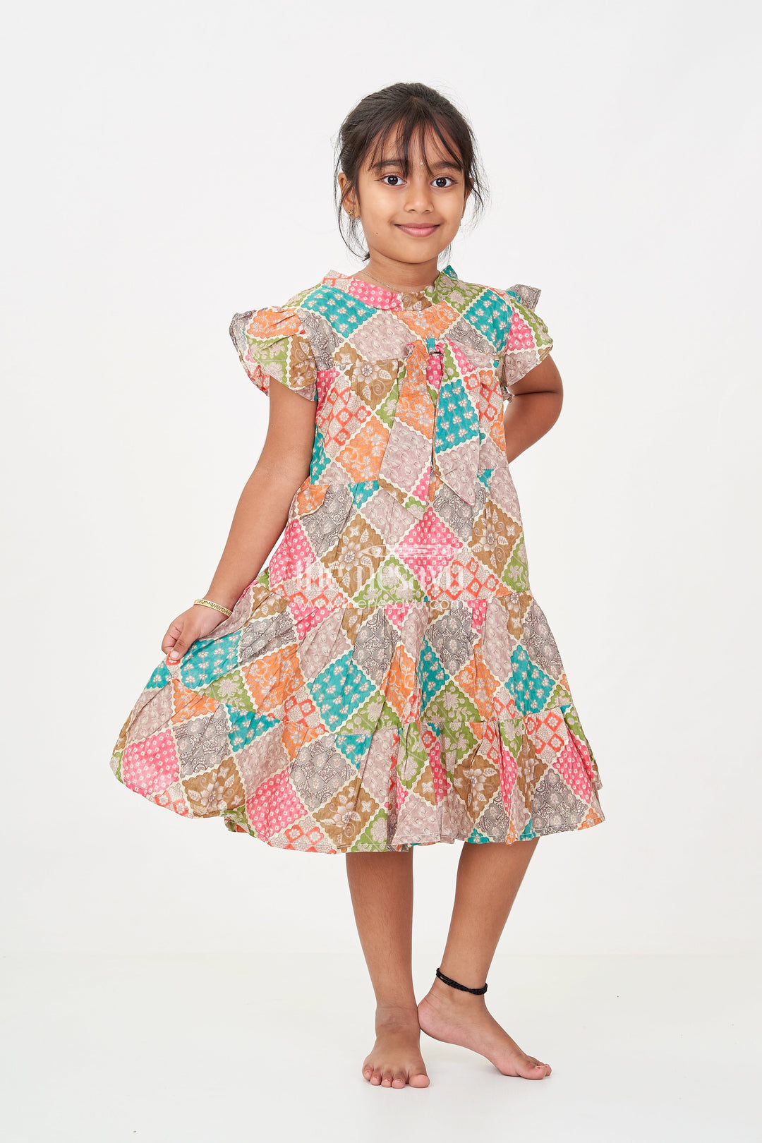 The Nesavu Girls Cotton Frock Designer Party Wear Frock for Girls in Cotton with Multicolor Patch Digital Print and Frilled Sleeves Nesavu 18 (2Y) / Multicolor GFC1703A-18 Designer Party Wear Frock Girls Cotton Multicolor Patch Print Ruffle Sleeves | The Nesavu
