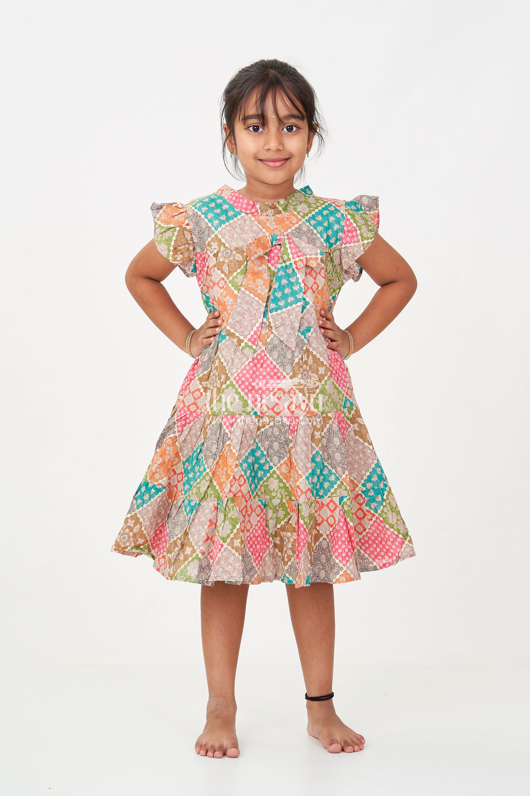 The Nesavu Girls Cotton Frock Designer Party Wear Frock for Girls in Cotton with Multicolor Patch Digital Print and Frilled Sleeves Nesavu Designer Party Wear Frock Girls Cotton Multicolor Patch Print Ruffle Sleeves | The Nesavu