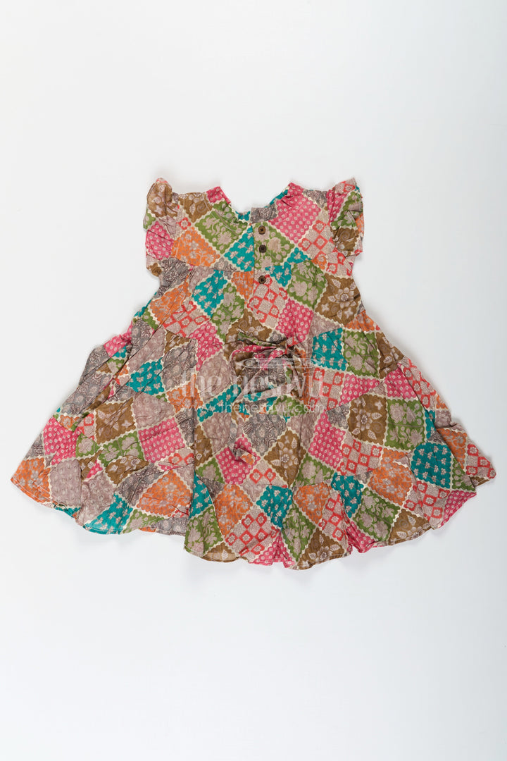 The Nesavu Girls Cotton Frock Designer Party Wear Frock for Girls in Cotton with Multicolor Patch Digital Print and Frilled Sleeves Nesavu Nesavu Designer Party Wear Frock Girls Cotton Multicolor Patch Print Ruffle Sleeves