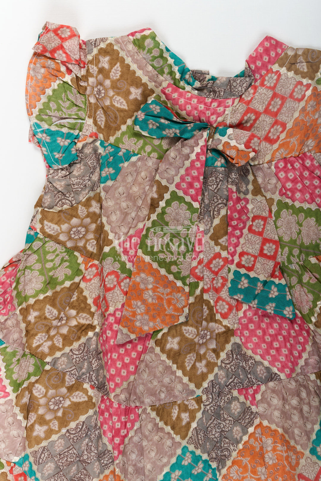 The Nesavu Girls Cotton Frock Designer Party Wear Frock for Girls in Cotton with Multicolor Patch Digital Print and Frilled Sleeves Nesavu Nesavu Designer Party Wear Frock Girls Cotton Multicolor Patch Print Ruffle Sleeves