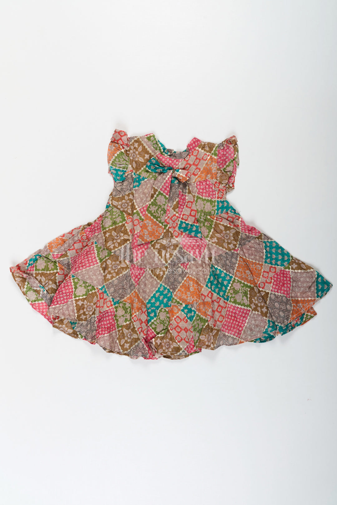 The Nesavu Girls Cotton Frock Designer Party Wear Frock for Girls in Cotton with Multicolor Patch Digital Print and Frilled Sleeves Nesavu Nesavu Designer Party Wear Frock Girls Cotton Multicolor Patch Print Ruffle Sleeves